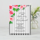 ストライプの背景にピンクのバラの誕生日パーティー招待状 (スタンド正面)