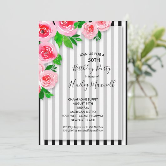 ストライプの背景にピンクのバラの誕生日パーティー招待状 (スタンド正面)