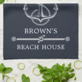 ストライプの航海のいかりファミリー名ビーチまたは湖 キッチンタオル (折り畳み)