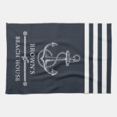 ストライプの航海のいかりファミリー名ビーチまたは湖 キッチンタオル (横)