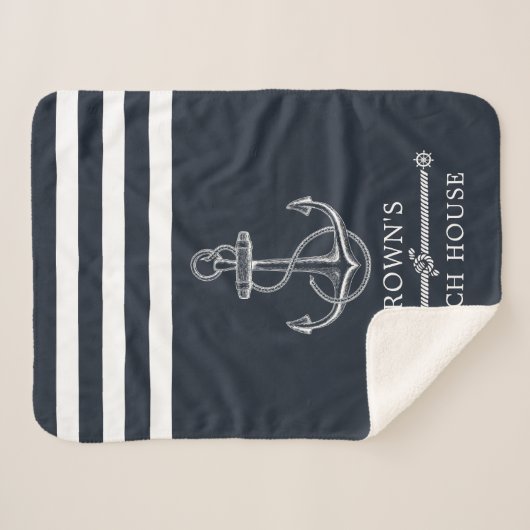 ストライプの航海のいかりファミリー名ビーチまたは湖 シェルパブランケット (正面(横))