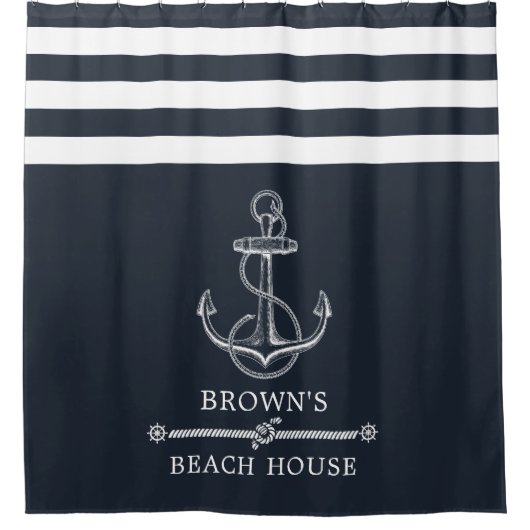 ストライプの航海のいかりファミリー名ビーチまたは湖 シャワーカーテン (正面)