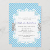 ストライプの赤ちゃん男の子シャワーポルカドットリボン 招待状 (正面/裏面)