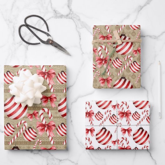 ストライプの赤と白玉 ラッピングペーパーシート (正面)