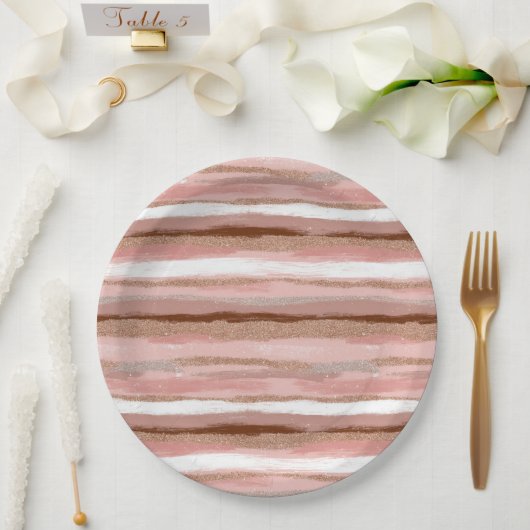ストライプの金ゴールドグリッターピンク紙プレート ペーパープレート (ウェディング)