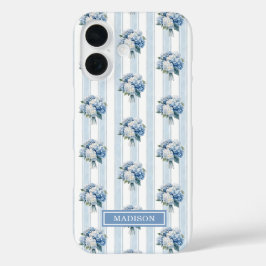ストライプの青いアジサイ iPhone 16ケース