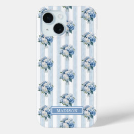 ストライプの青いアジサイ iPhone 15ケース