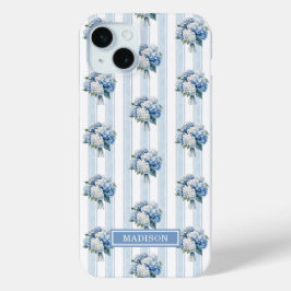 ストライプの青いアジサイ iPhone 15 MINIケース