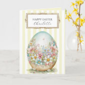 ストライプの飾りイースターエッグ（お名前入り） カード (黄色い花)