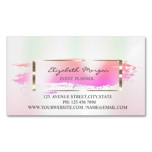 ストライプの,モダンブラシストローク,金ゴールドフレーム虹色 マグネット名刺 (正面)