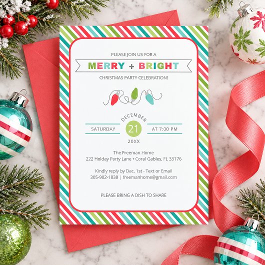 ストライプのMerry + Brightクリスマス招待状 招待状