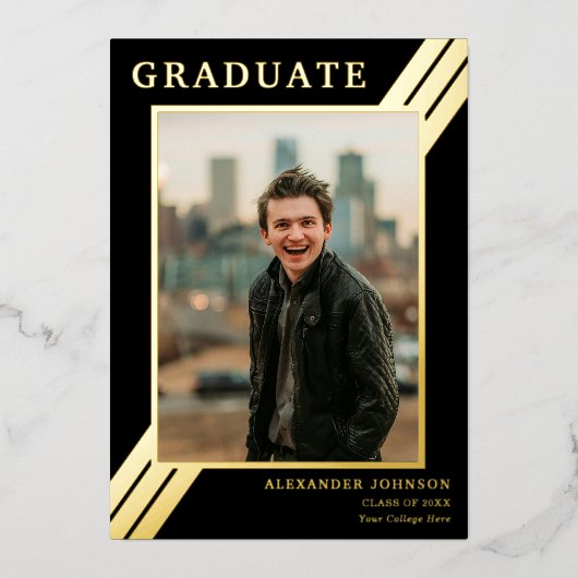 ストライプはっきりした大学院フォトブラックと金ゴールド 箔招待状 (正面)