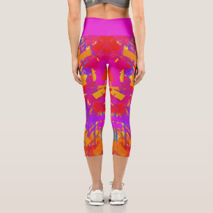 ストライプはっきりした絵を描Hot Pink, Orange, Redの カプリレギンス