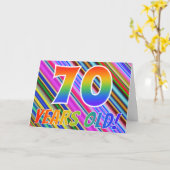 ストライプカラフル+レインボーパターン「70歳!」 カード (黄色い花)