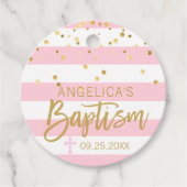 ストライプクロスパステルピンク金ゴールドガールバプテスマ フェイバータグ (正面)