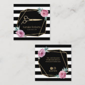 ストライプジオメトリ美容師ピンクフローラ スクエア名刺 (正面/裏面)