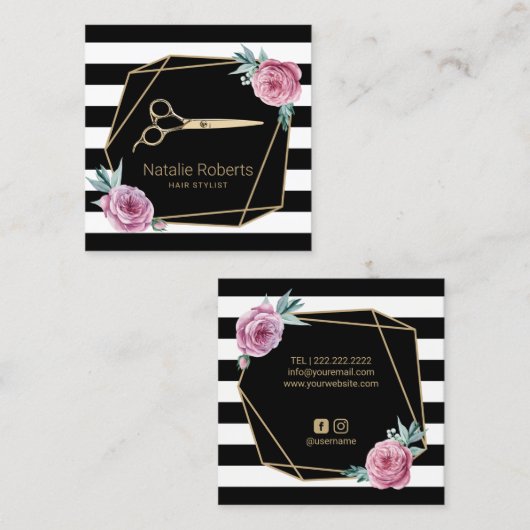 ストライプジオメトリ美容師ピンクフローラ スクエア名刺 (正面/裏面)