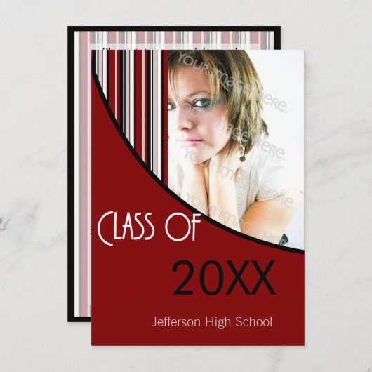 ストライプスの卒業パーティー招待状レッドブラック 招待状 (正面/裏面)