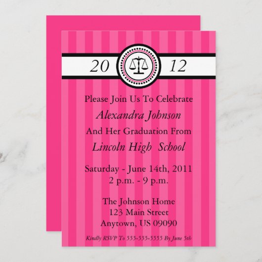 ストライプスクール卒業案内ホットピンク 招待状 (正面/裏面)