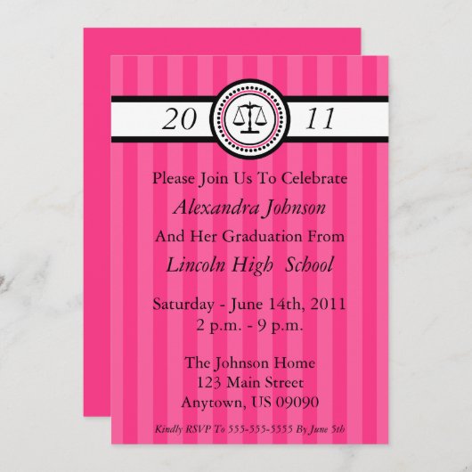 ストライプスクール卒業案内ホットピンク 招待状 (正面/裏面)