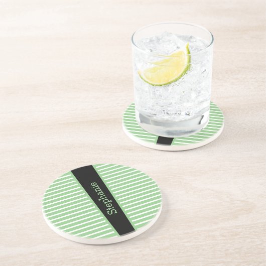ストライプセージグリーン白黒名前をカスタムするキュート コースター (側面)