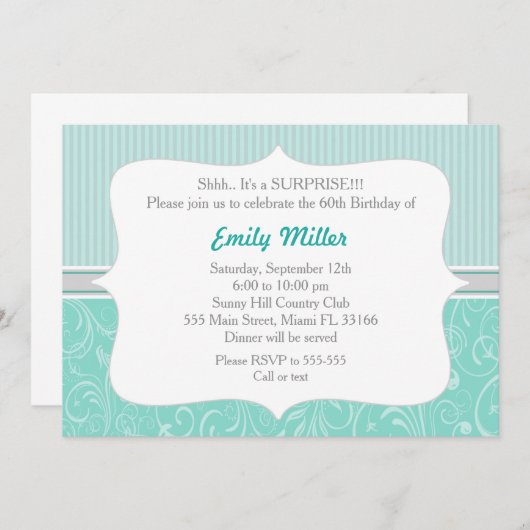 ストライプターコイズダマスク60番目の誕生日招待状 招待状 (正面/裏面)
