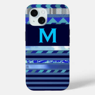 ストライプターコイズブルーMカスタムイニシャル iPhone 15ケース