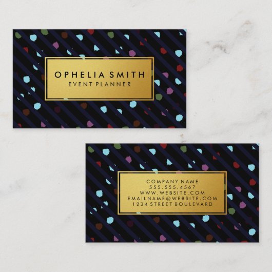 ストライプドットとドットのフェイク金ゴールド・フレーム 名刺 (正面/裏面)