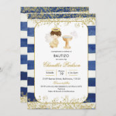 ストライプネイビーブルーと金ゴールドボーイバプテスマ招待状 招待状 (正面/裏面)