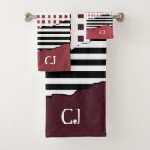 ストライプネットブラック、ホワイト、レッド層イニシャル バスタオルセット (インサイチュ)