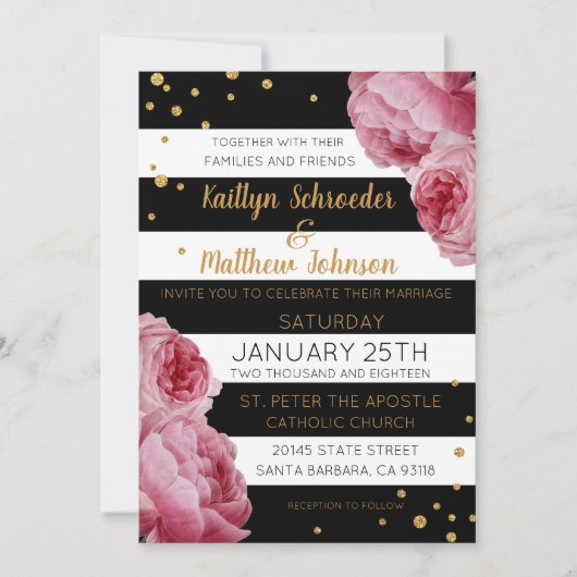 ストライプバラとグリッタードモダンッ結婚ト 招待状 (正面)