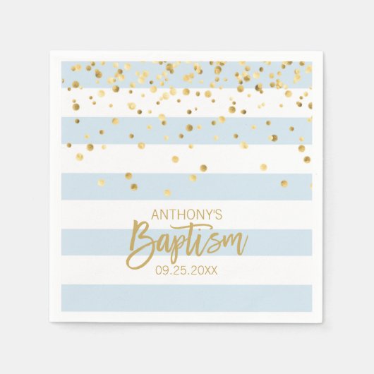 ストライプパステルブルー金ゴールドボーイバプテスマ スタンダードカクテルナプキン (正面)