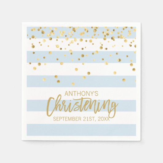 ストライプパステルブルー金ゴールドボーイ《キリスト教》洗礼式や命名式 スタンダードカクテルナプキン (正面)