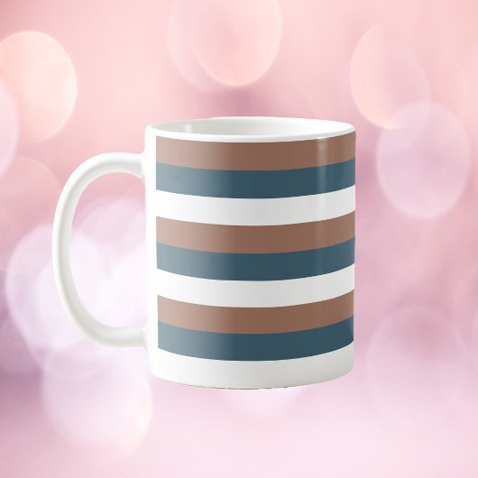 ストライプパターン茶色ティール(緑がかった色)白 コーヒーマグカップ