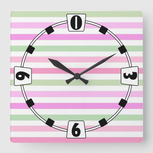 ストライプピンク、緑 スクエア壁時計 (正面)