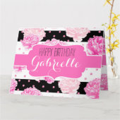 ストライプフローラピンク水カラーシックハッピーバースデー カード (黄色い花)