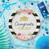 ストライプフローラ金ゴールドおめでとう大学院卒業党 ペーパープレート (パーティー)