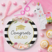 ストライプフローラ金ゴールドおめでとう大学院卒業党 ペーパープレート (パーティー)