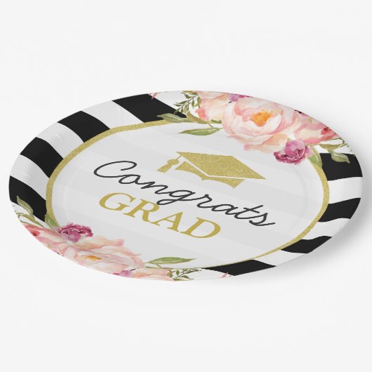 ストライプフローラ金ゴールドおめでとう大学院卒業党 ペーパープレート (アングル)