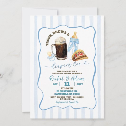 ストライプブルータコスのブリュースとベビー赤ちゃんシャワー 招待状 (正面)