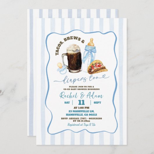 ストライプブルータコスのブリュースとベビー赤ちゃんシャワー 招待状 (正面/裏面)