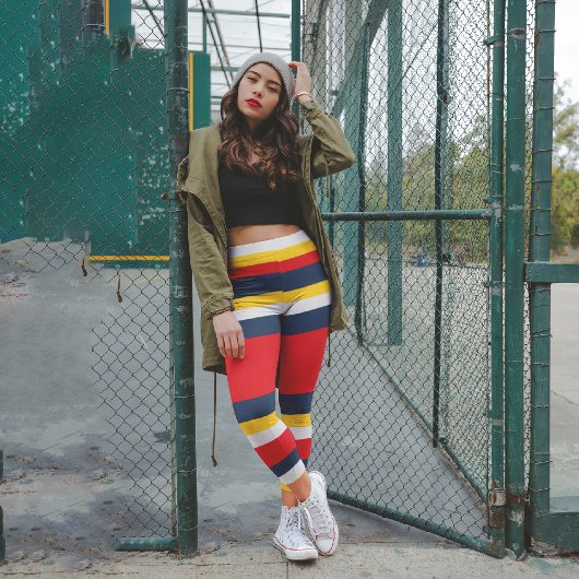 ストライプブルー赤黄 カプリレギンス