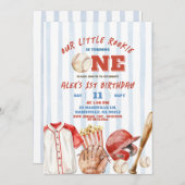 ストライプボーイベースボールルーキーゲームファースト誕生日 招待状 (正面/裏面)