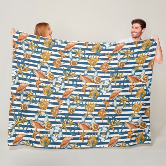 ストライプマリンパターンいかりライフラインシーシェル フリースブランケット (インサイチュ)