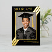 ストライプモダン大学院フォトブラックと金ゴールド 箔招待状 (立ち正面)