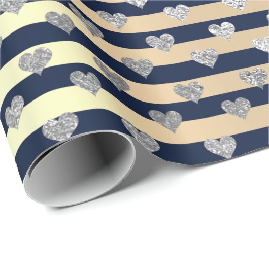 ストライプラインミニマルシルバーハート金ゴールドブルーネイビー ラッピングペーパー (ロールコーナー)