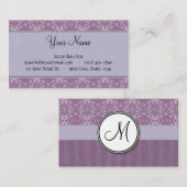 ストライプ及びモノグラムが付いているラベンダーのダマスク織の銀 名刺 (正面/裏面)
