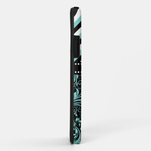 ストライプ及びモノグラムが付いている水の青および白いダマスク織 Case-Mate iPhoneケース (裏面/右)