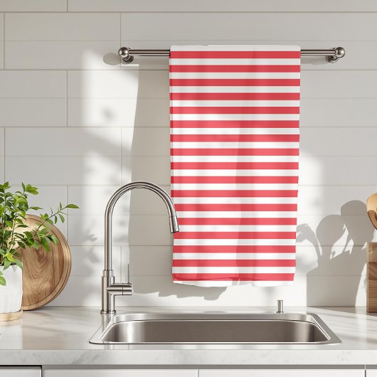 ストライプ柄の赤と白のシンプルな水平ストライプ キッチンタオル