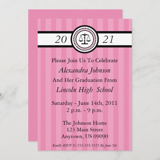 ストライプ法学校卒業案内（ピンク） 招待状 (正面/裏面)